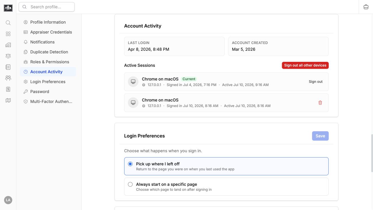 Account activity showing current and other active browser sessions with sign-out controls