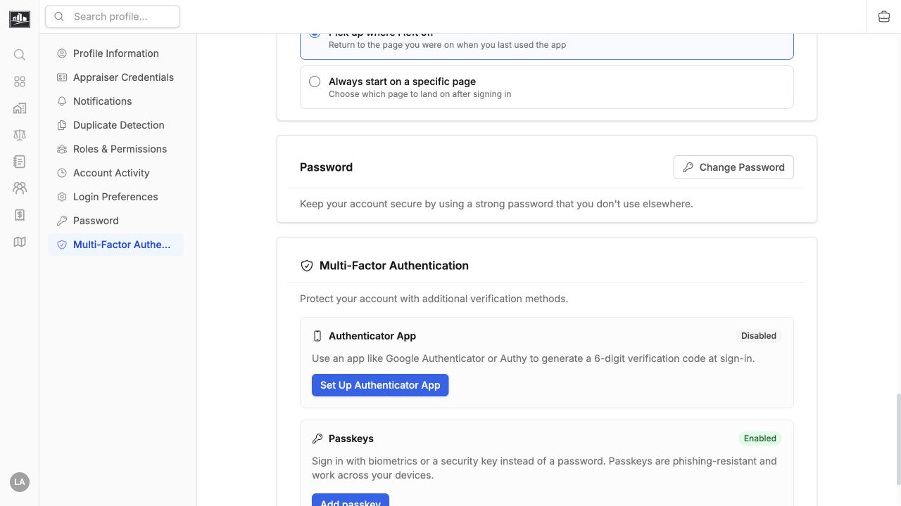 Profile security settings showing authenticator app enrollment and passkey management