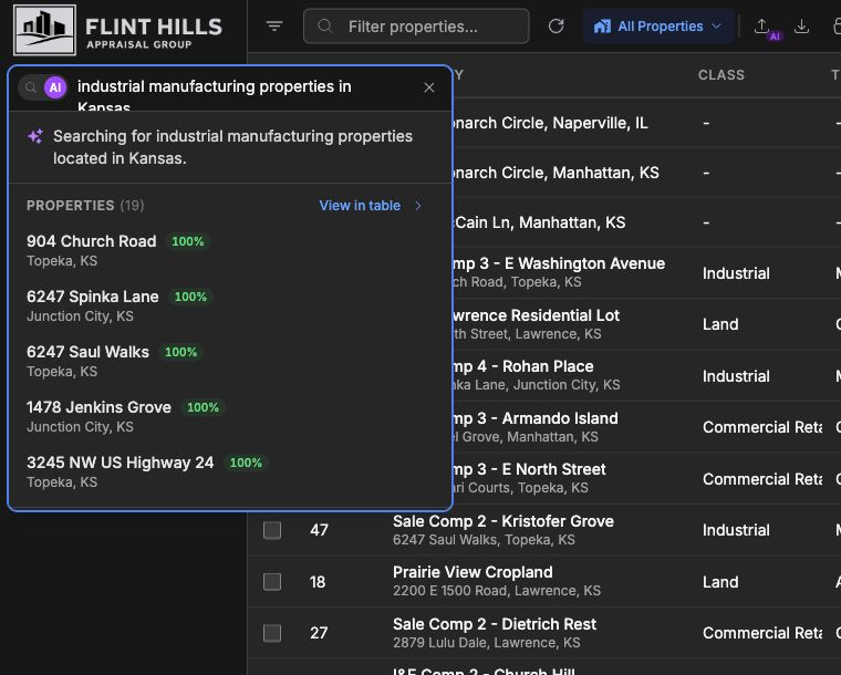 AI Search results with grouped property matches and match percentages