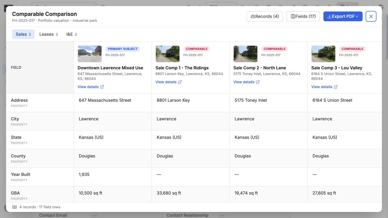 Assignment comparison modal with Sales, Leases, and I&E tabs plus subject and comparable field columns