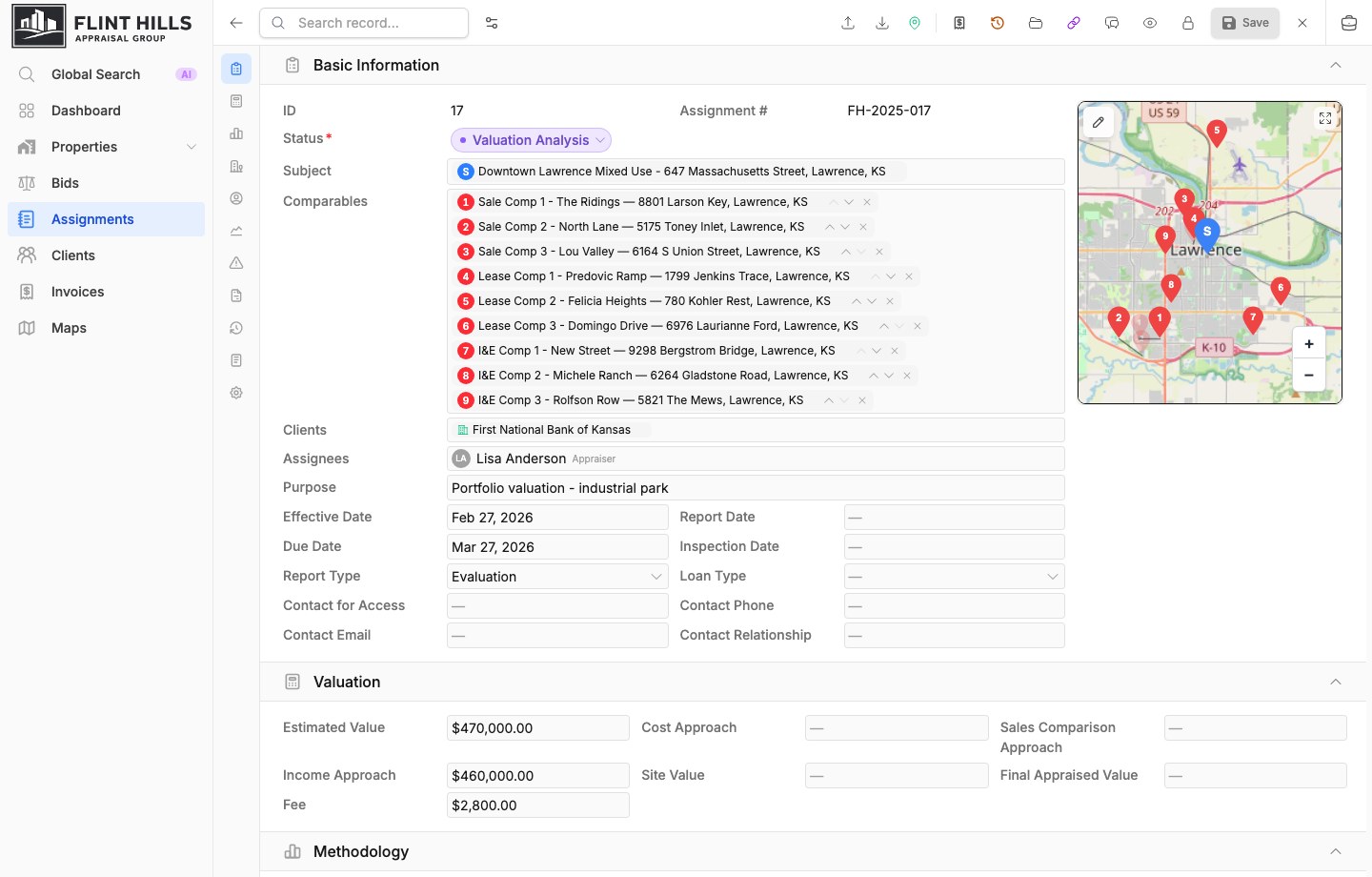 Assignment detail page with subject property, comparables, valuation fields, and map