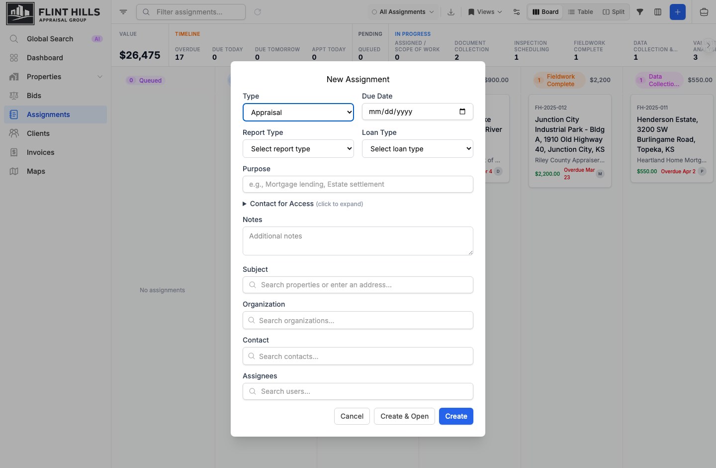 New Assignment modal with type, due date, subject, client, and assignee fields