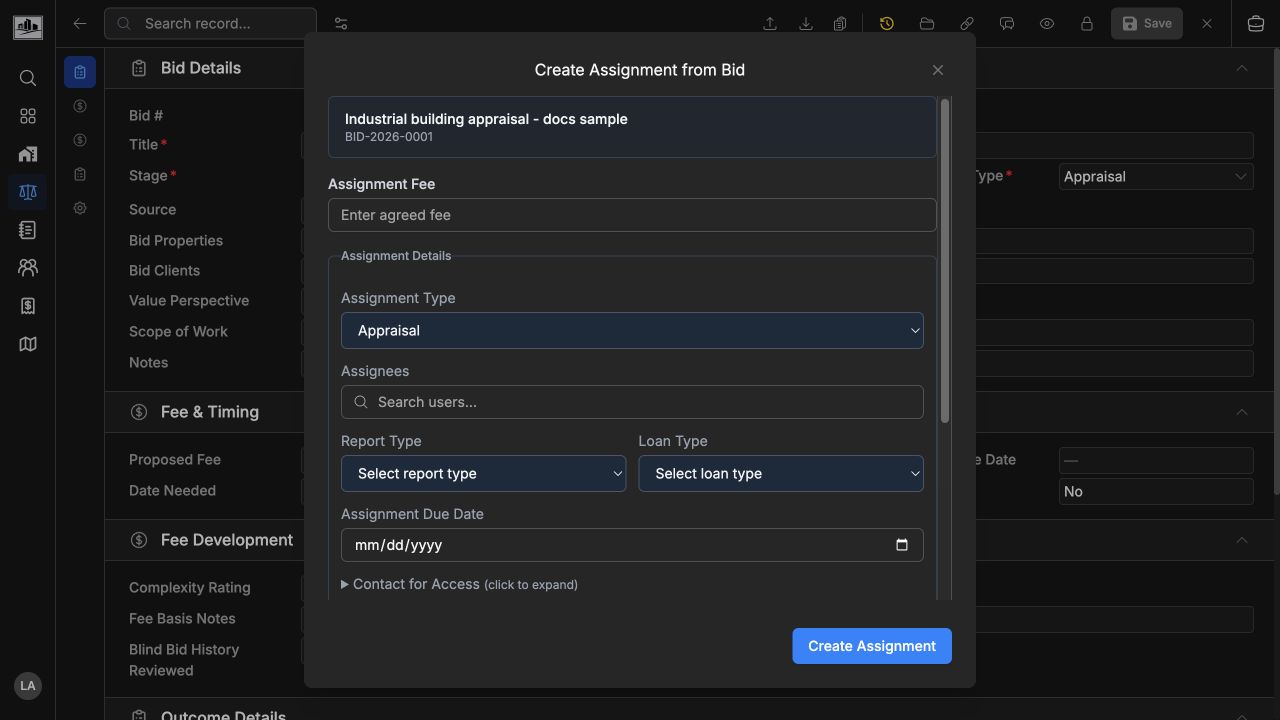 Create Assignment from Bid modal showing assignment fee, type, assignees, report type, loan type, due date, and contact-for-access controls