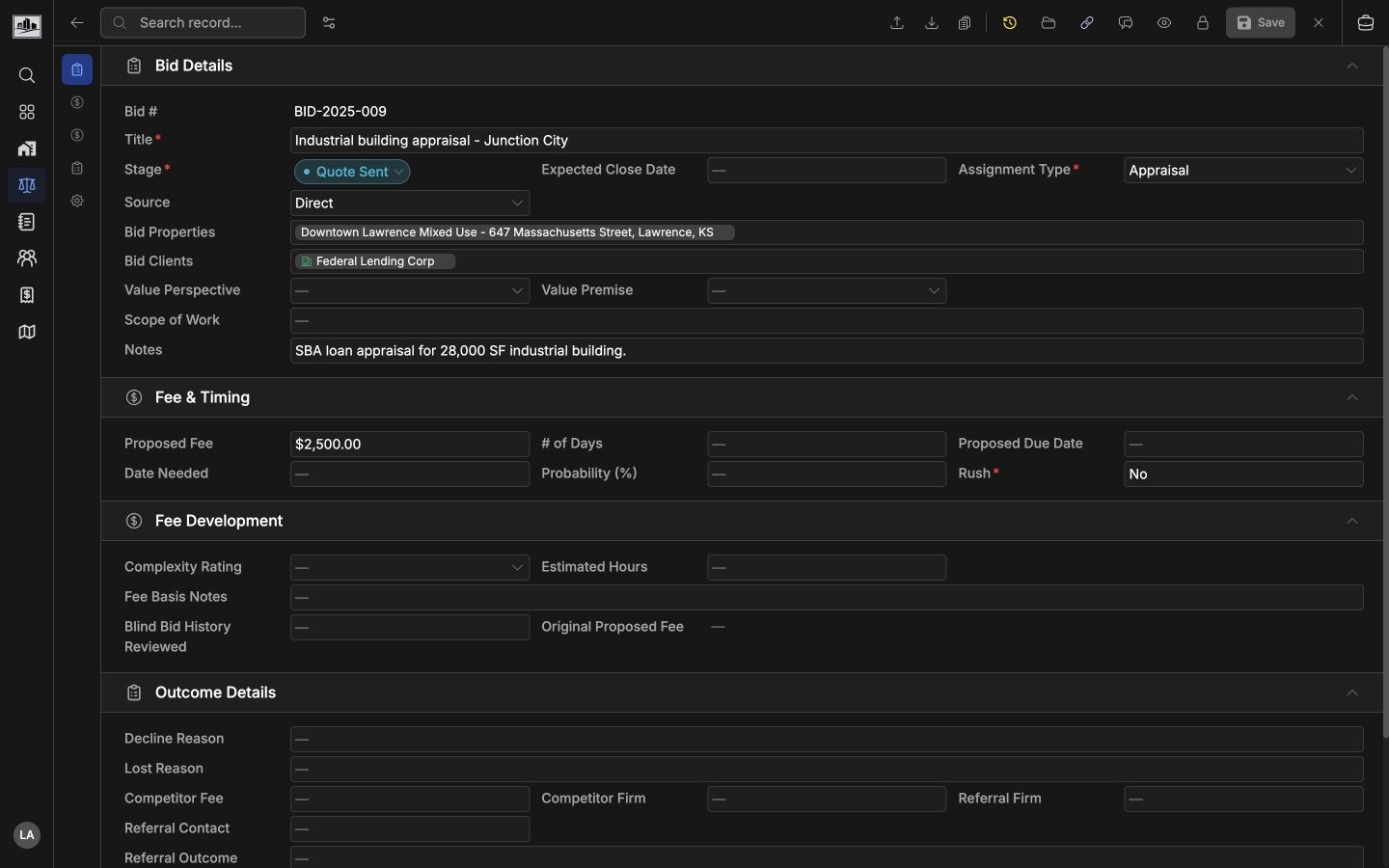 Bid detail page showing status, linked records, notes, fee, and timing fields