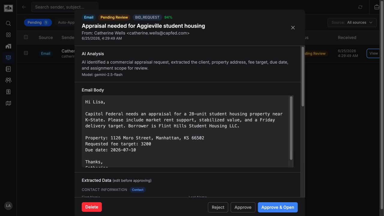 Bid triage detail panel showing AI analysis, original email content, and extracted data controls