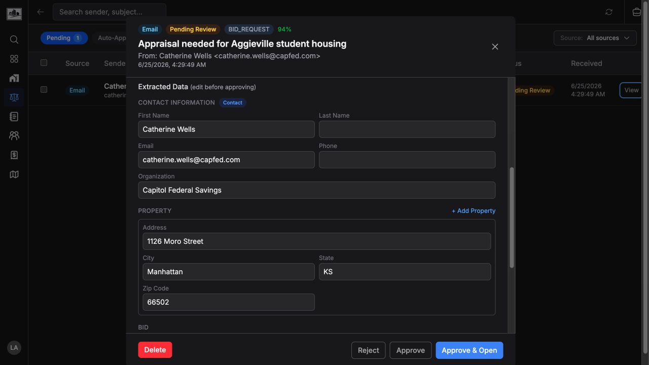 Bid triage detail panel showing editable contact and property fields before approval