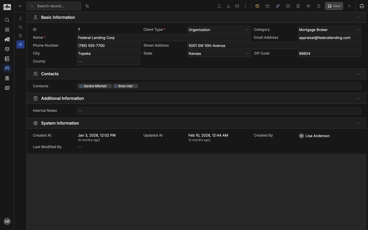 Client detail page showing organization fields, contacts, and notes
