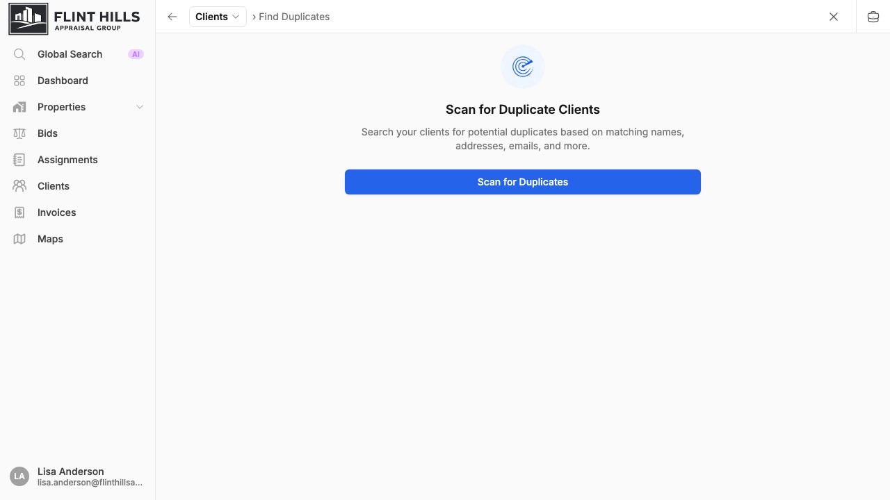 Duplicate client scan screen with Scan for Duplicates action