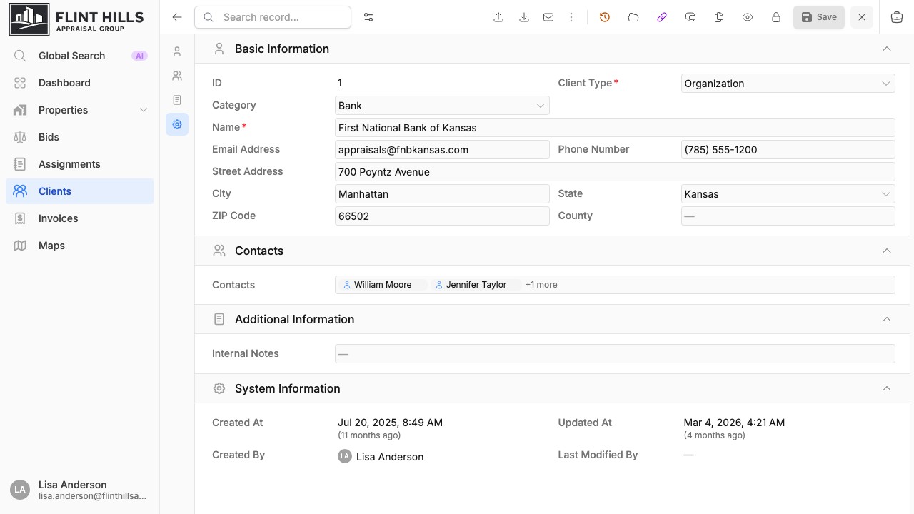Organization client detail showing linked contacts and system information