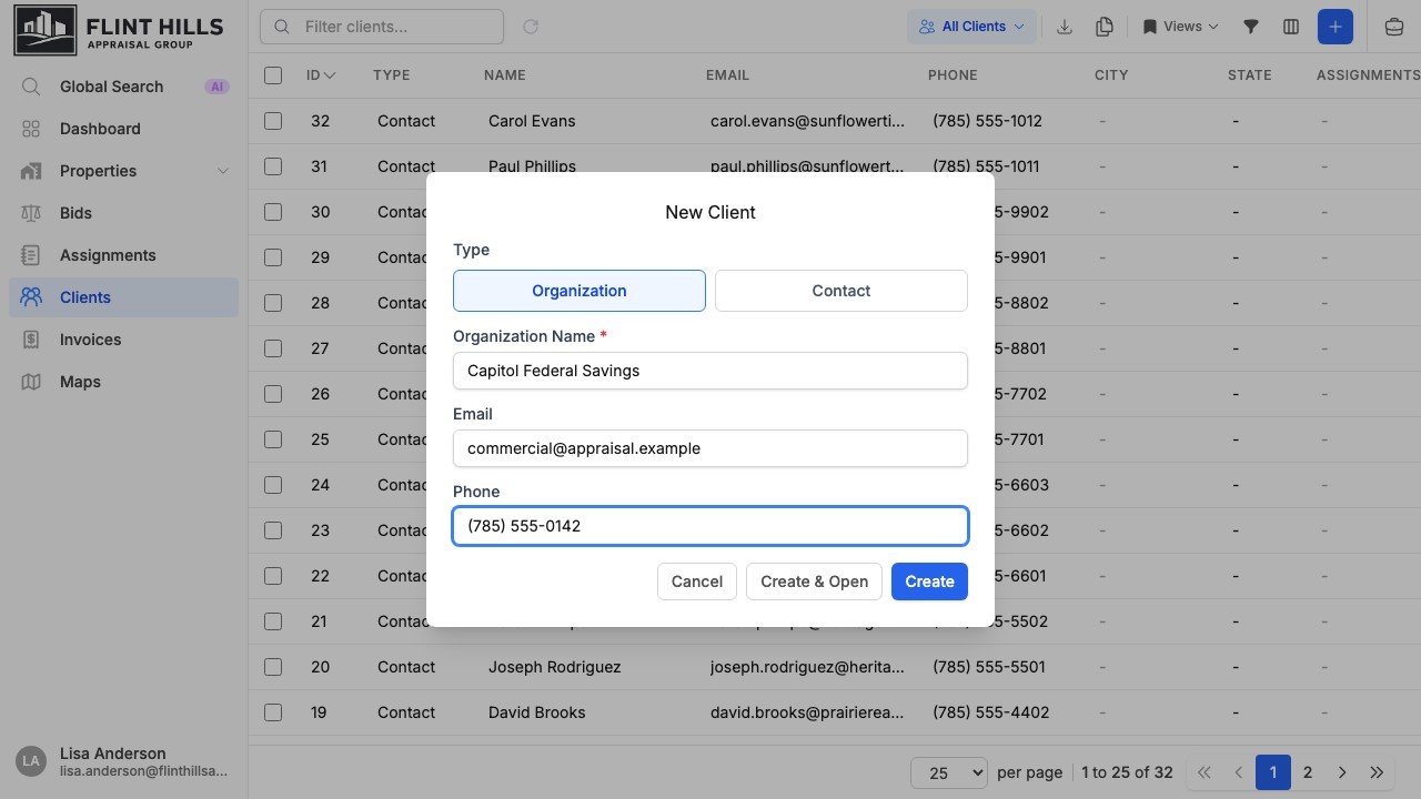 New Client modal with organization/contact type selection, name, email, and phone fields