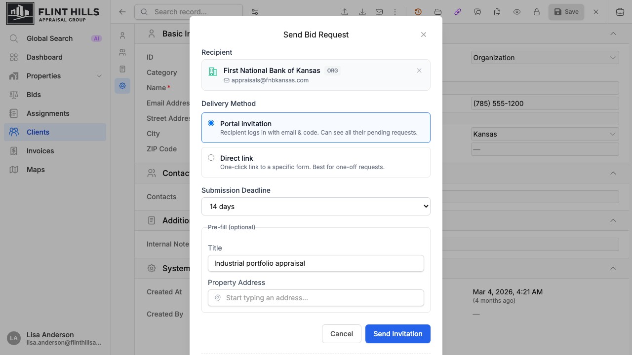 Send Bid Request modal with selected client, portal invitation, deadline, and pre-fill fields