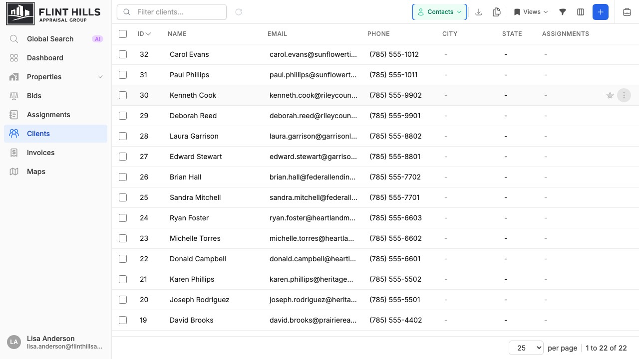 Contacts-only client view with individual people, email, phone, and relationship columns