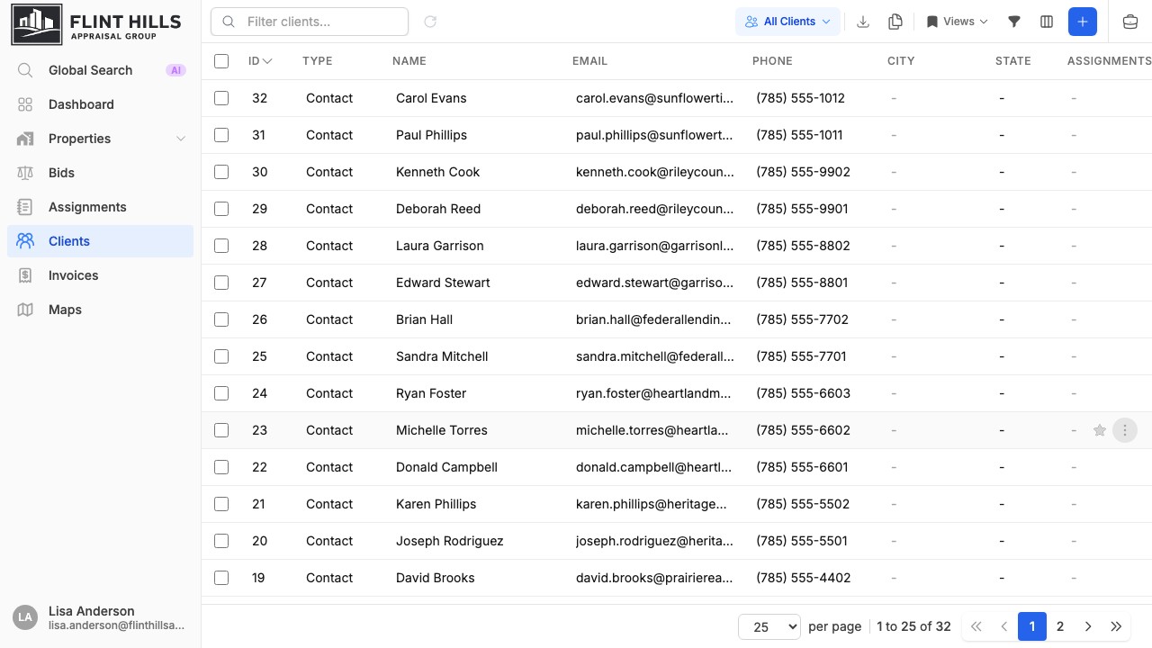 Clients list showing contacts, contact details, assignments, saved views, filters, exports, and add actions