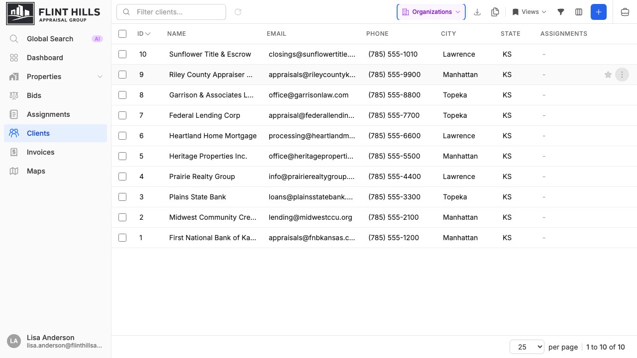 Organizations-only client view with company records and address fields