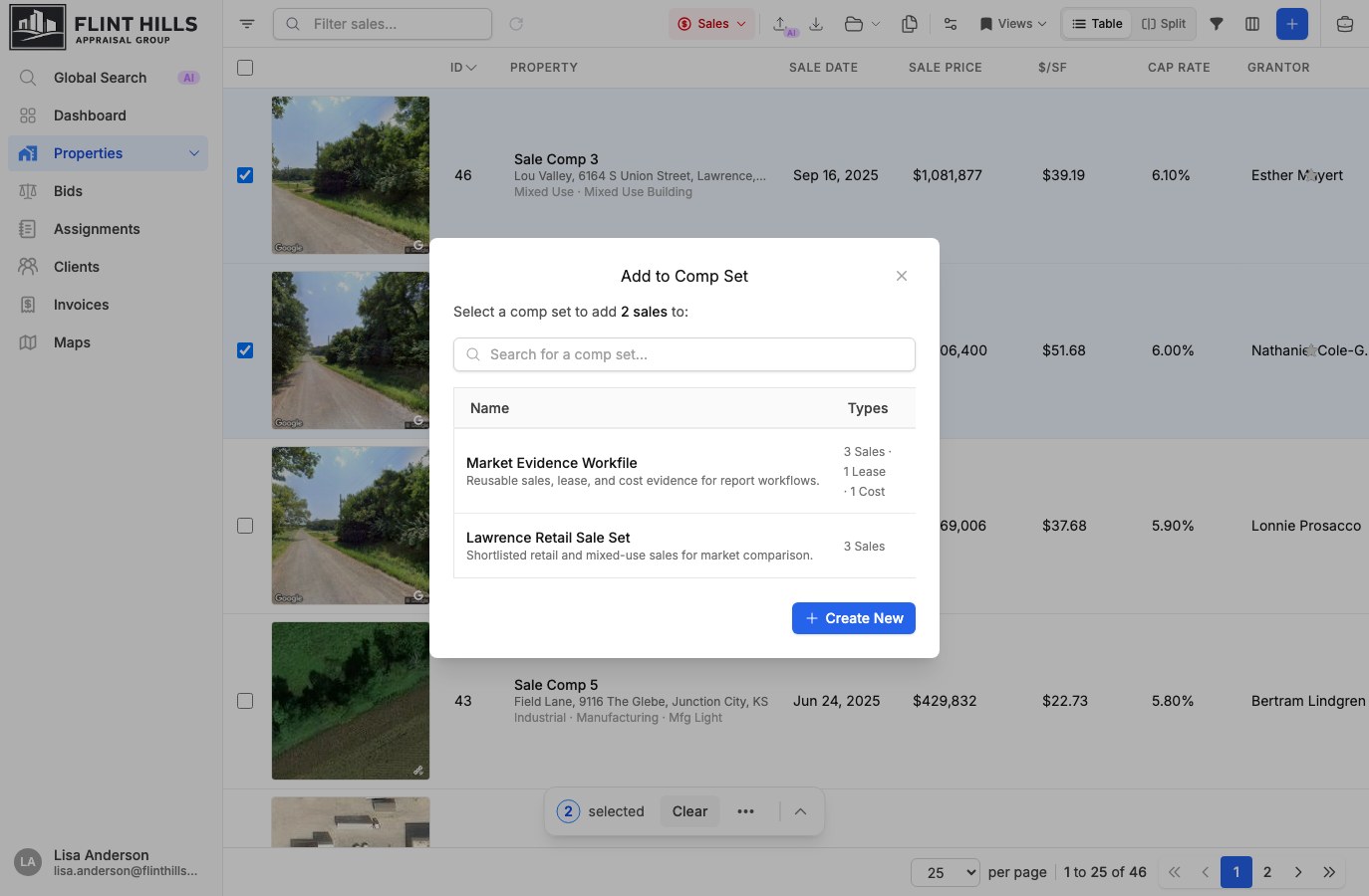Add to Comp Set modal listing existing comp sets and selected sale comparables