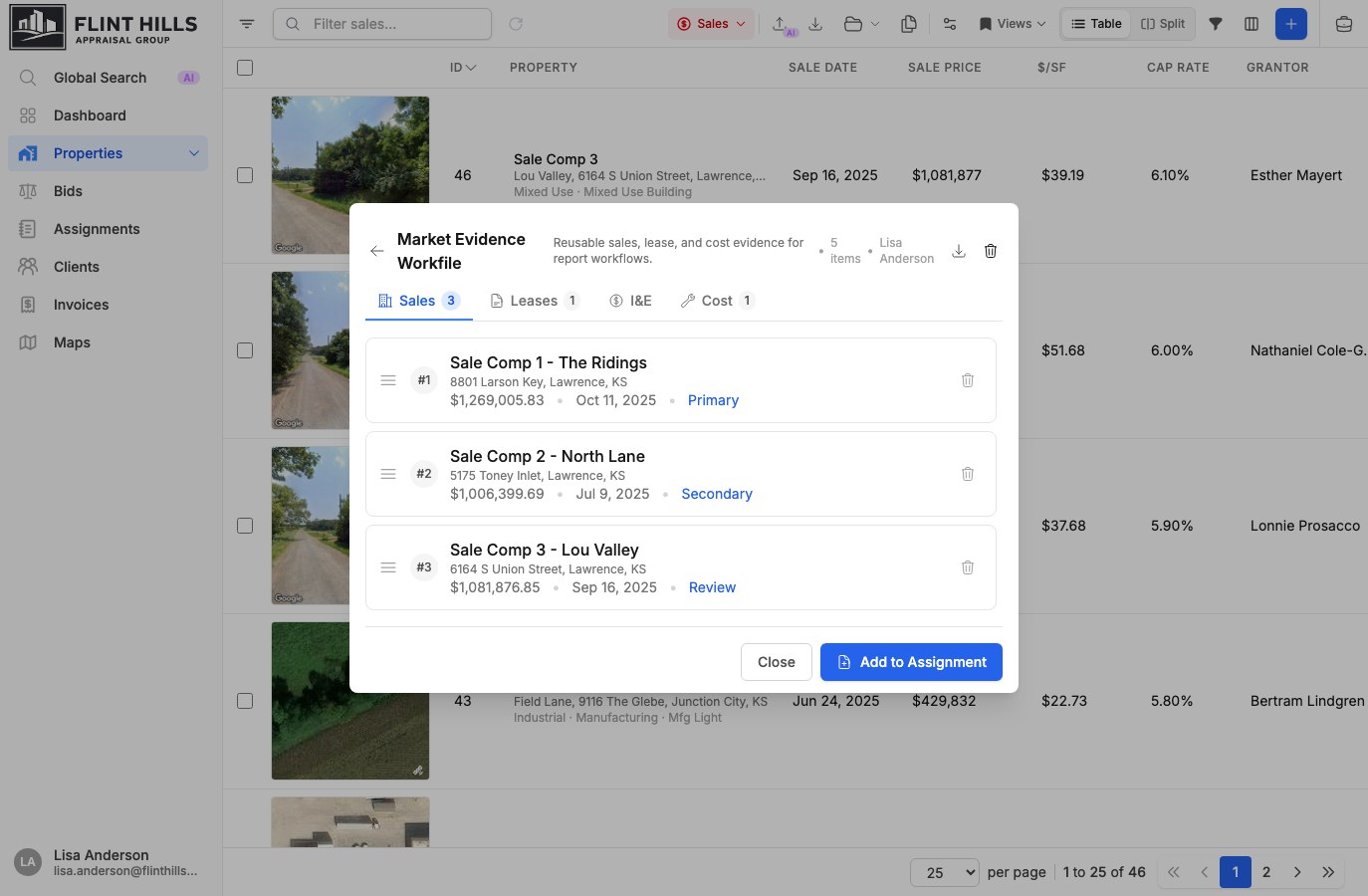 Comp Set detail panel with sales, leases, income and expense, and cost tabs