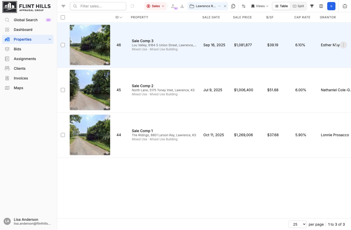 Sales comparable list scoped to the active Lawrence Retail Sale Set comp set