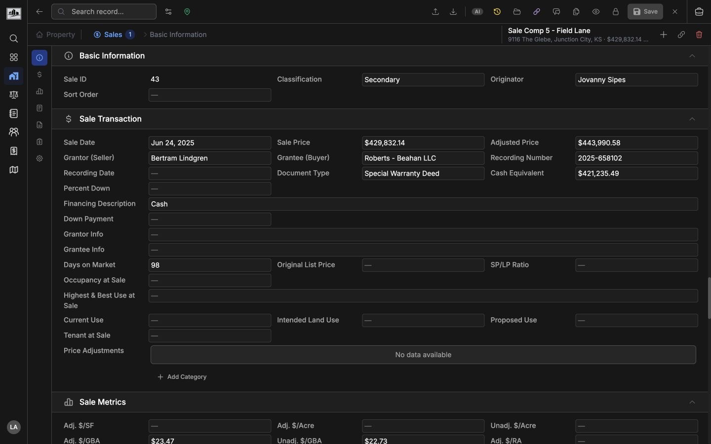 Sale comparable detail page with property context and sale metrics
