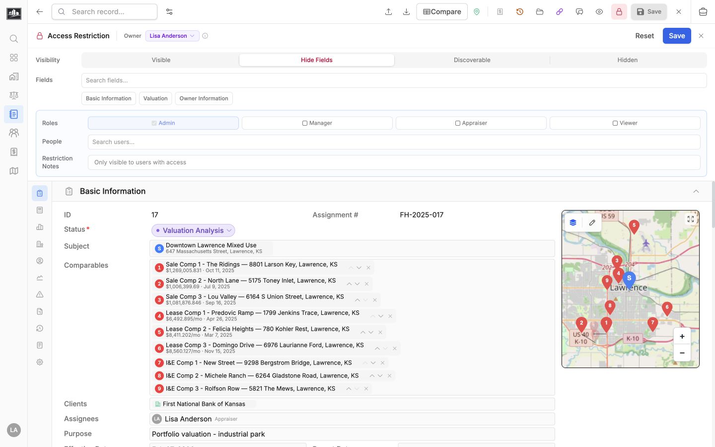 Hide Fields restriction state with field groups, role access, people, and restriction notes