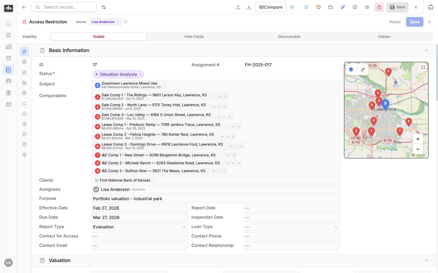 Assignment access restriction editor with visibility levels and record owner controls