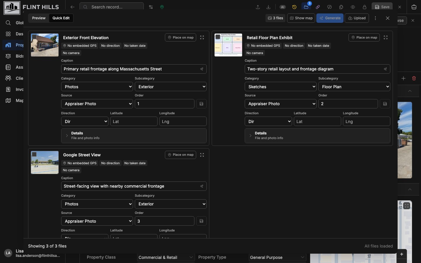 Photo Quick Edit grid with caption, category, source, order, direction, and GPS fields for inspection photos