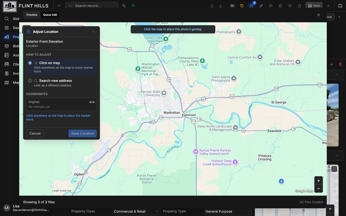Photo geotag editor showing the map-based workflow for placing an inspection photo location