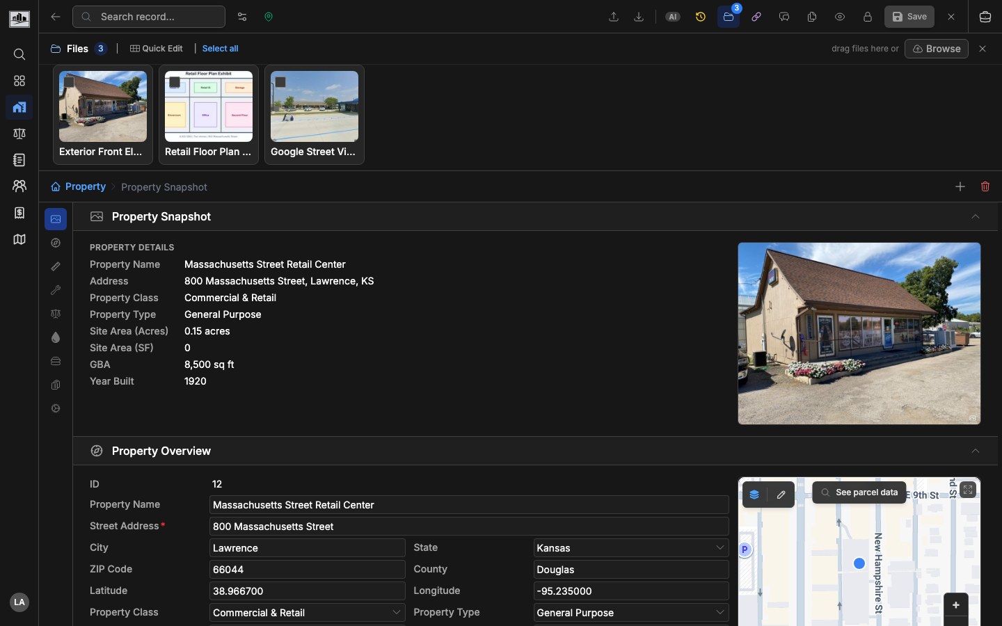 Property file drawer showing attached report exhibits, photos, and document thumbnails