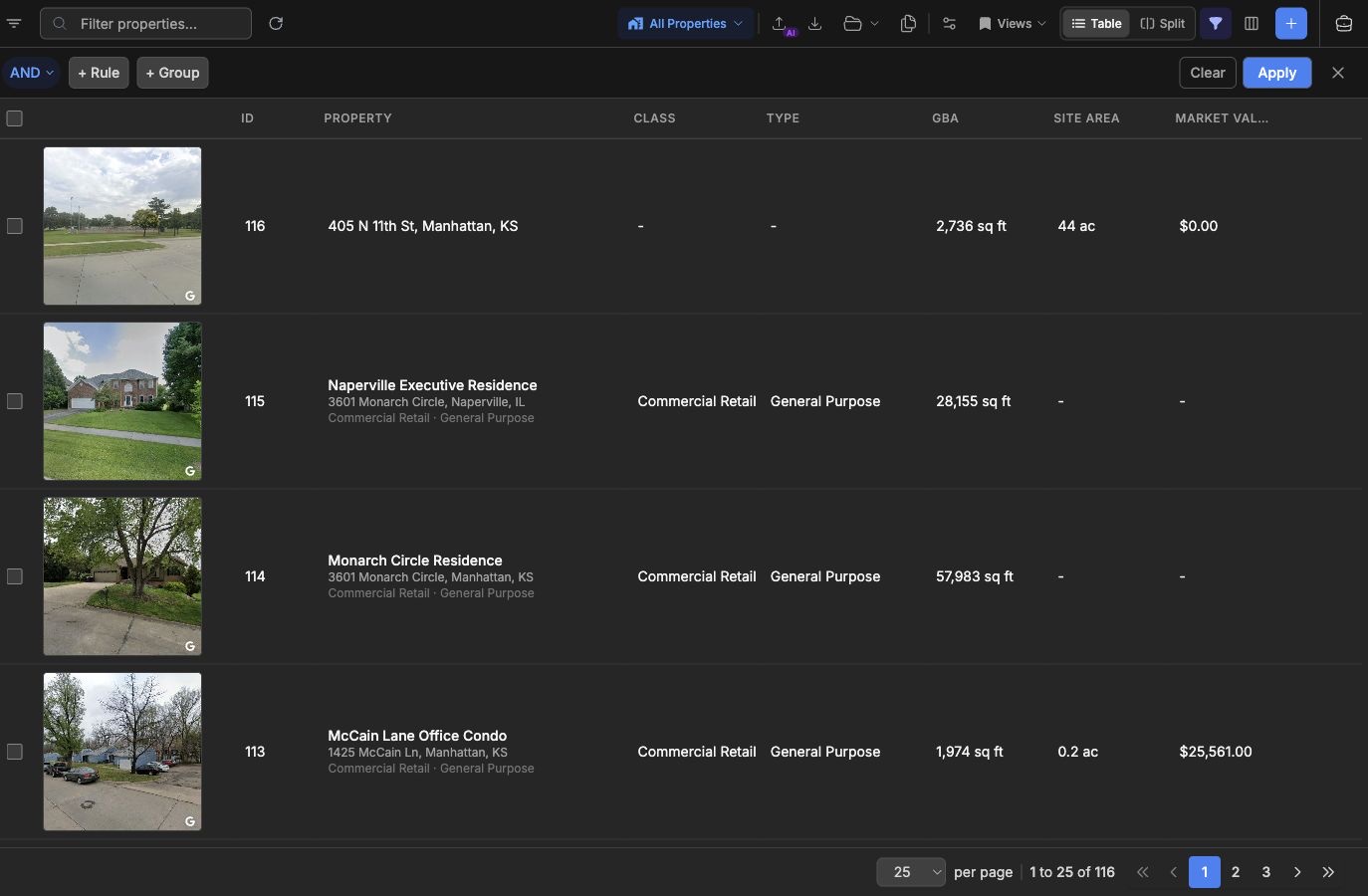 Advanced filter builder with rule controls above the property table