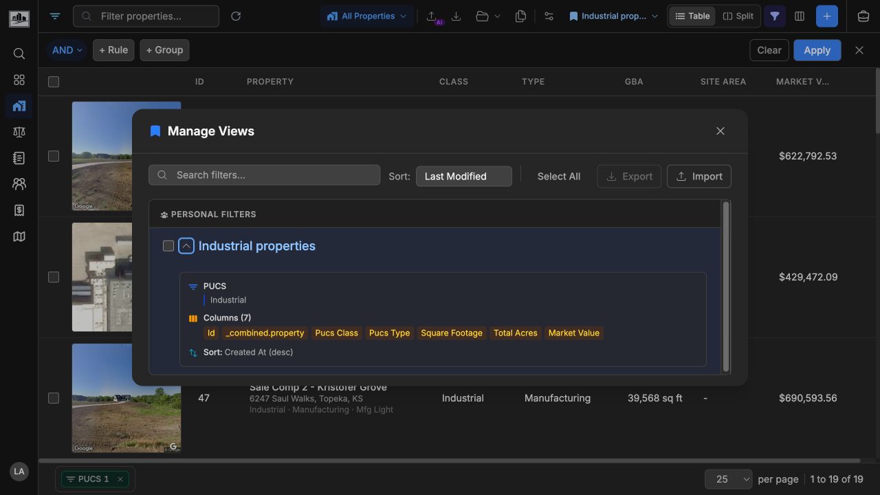 Manage Views panel showing a saved filter expanded with PUCS, saved columns, and sort order