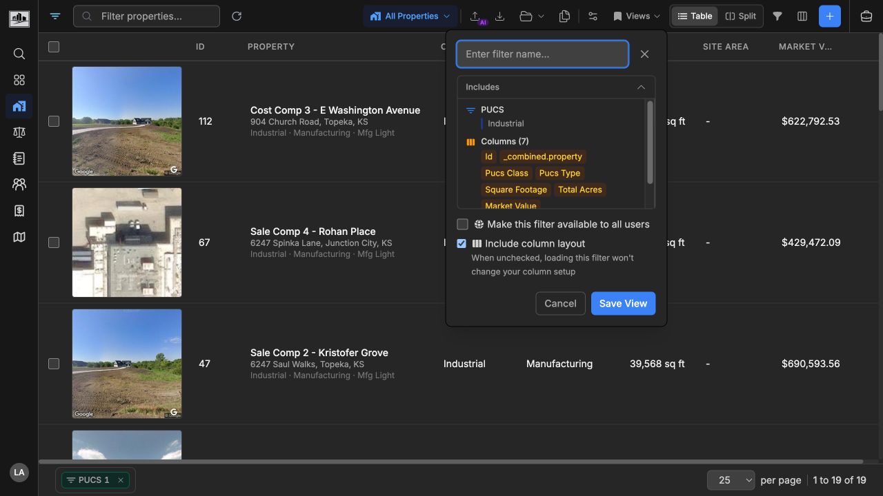 Save view form summarizing the PUCS filter, columns, and sort order before saving
