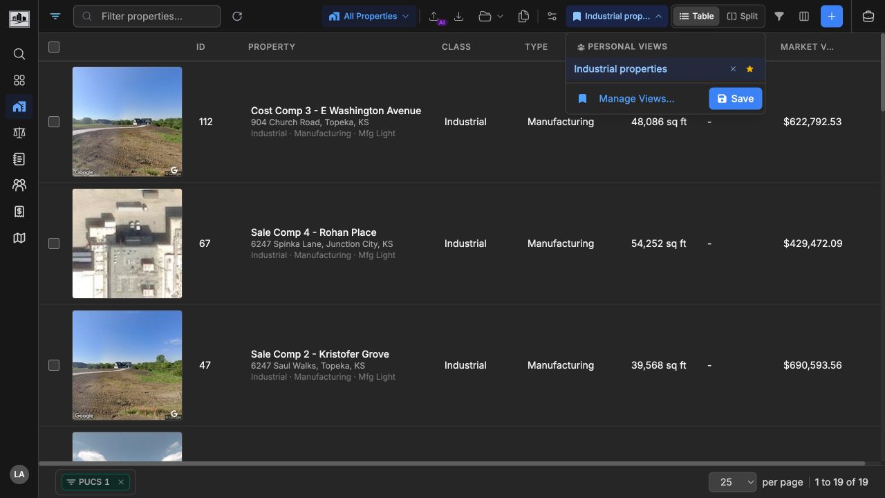 Views menu with a selected personal saved view, default star, manage action, and save action