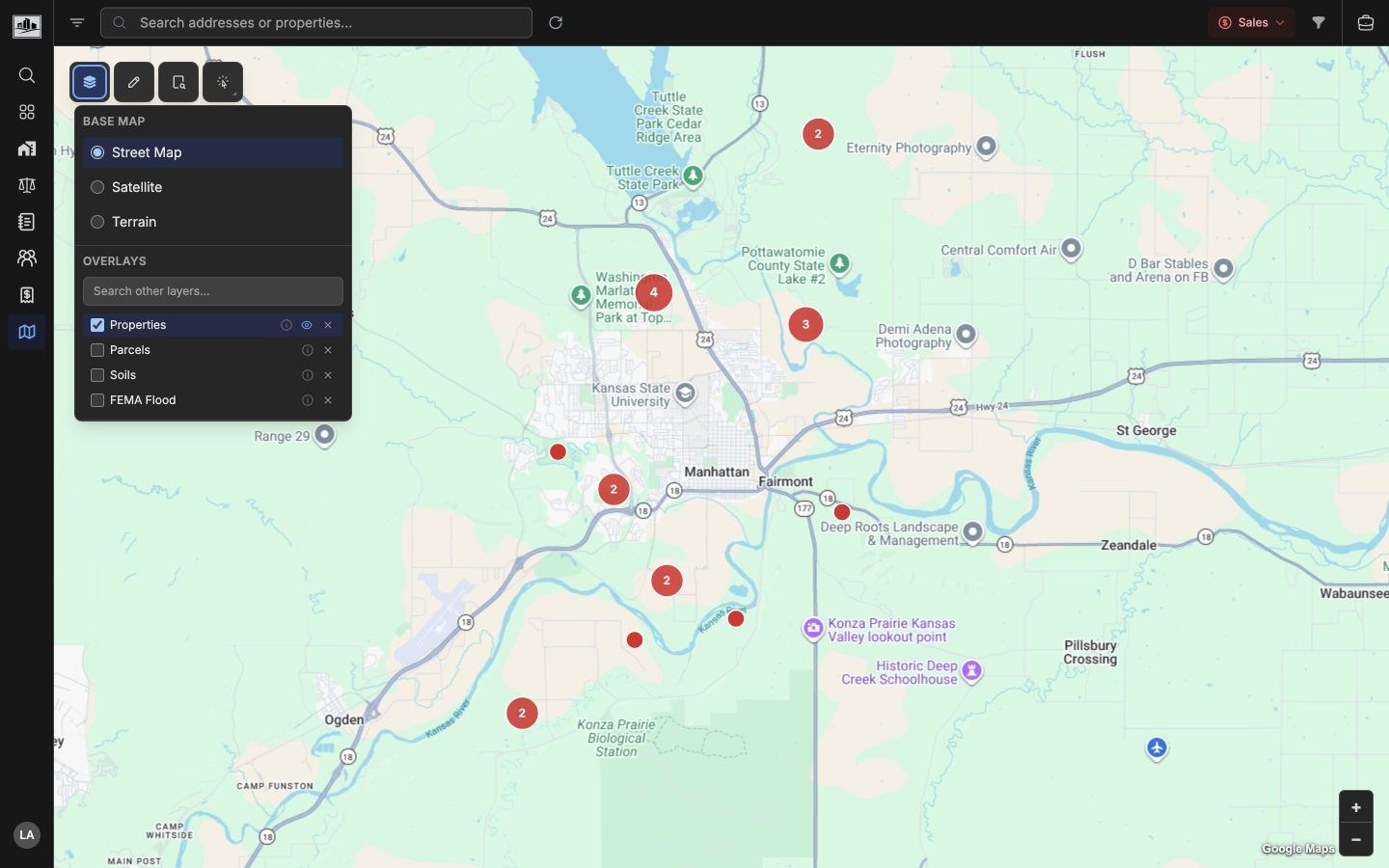 Map layers panel with base map choices and overlay toggles