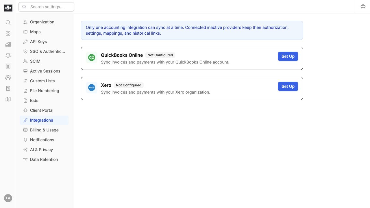 Accounting integrations settings with QuickBooks Online and Xero provider choices