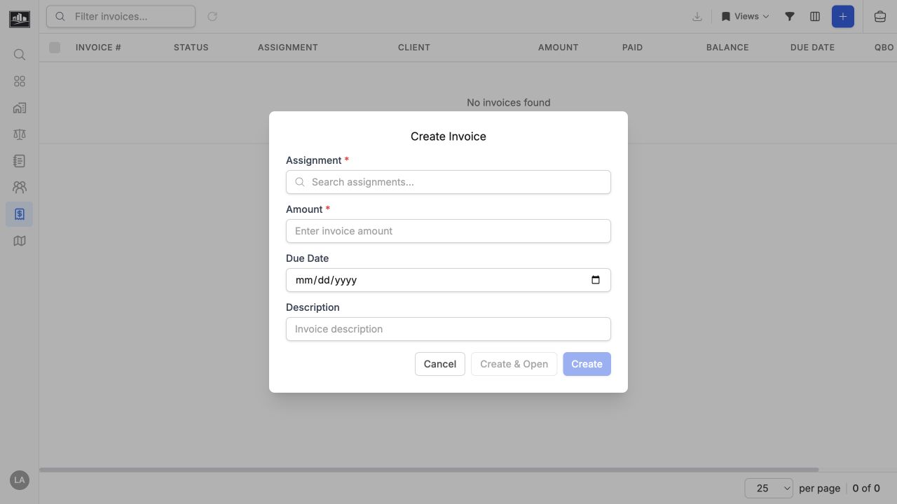 Create Invoice dialog with assignment, amount, due date, and description fields