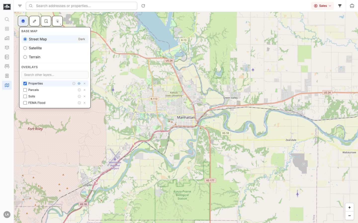 Map layer catalog showing base maps and the Properties, Parcels, Soils, and FEMA Flood overlays