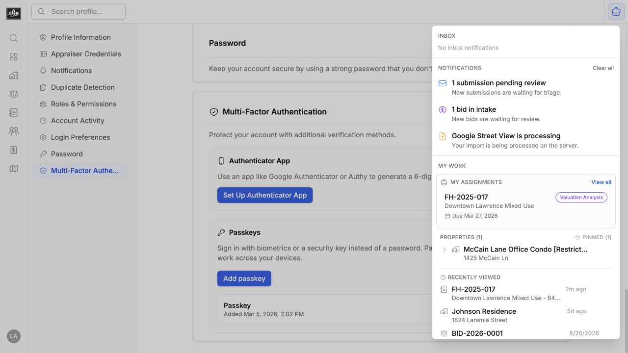 Header workspace menu showing notifications, My Assignments, starred records, and recently viewed work