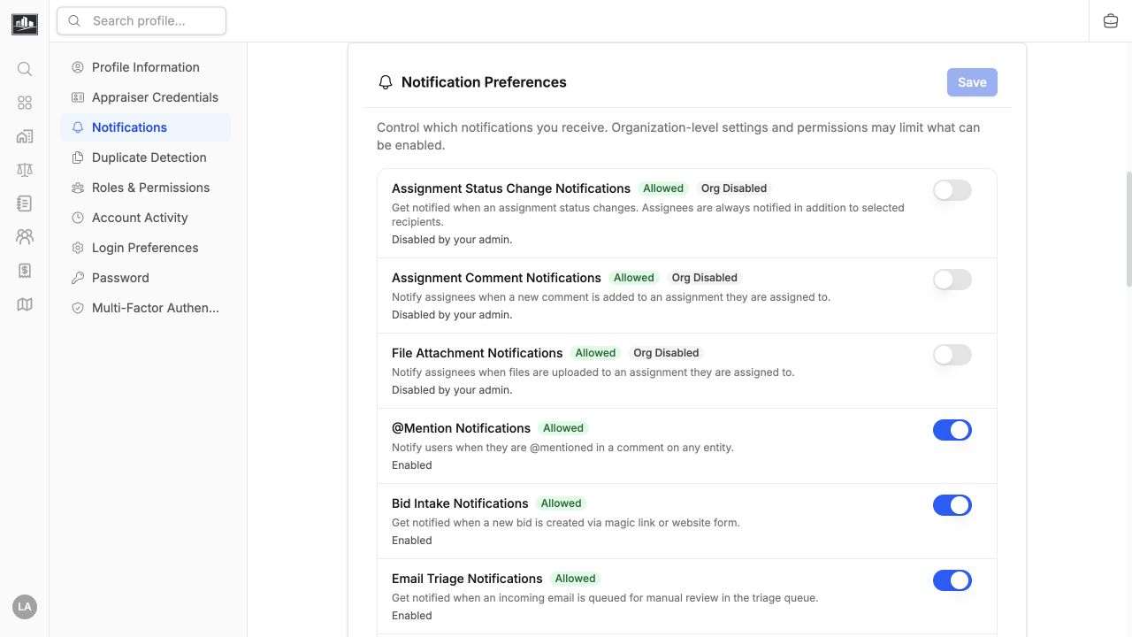 Notification Preferences with organization availability labels and personal delivery toggles