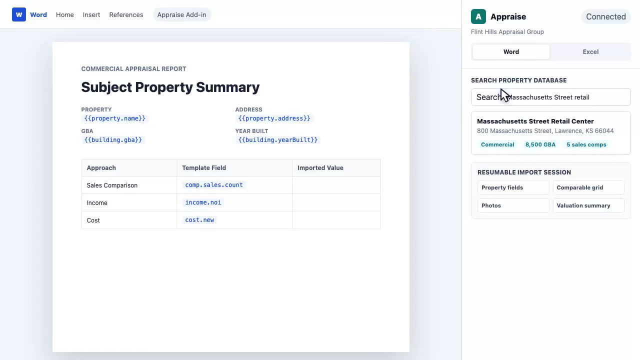 Word task pane showing an assignment search result and resumable import sections