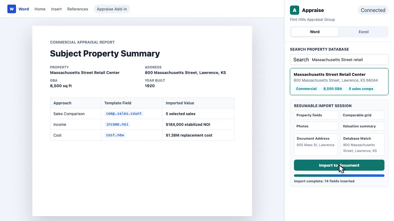 Word template after re-base.io fields and comparable values have been imported