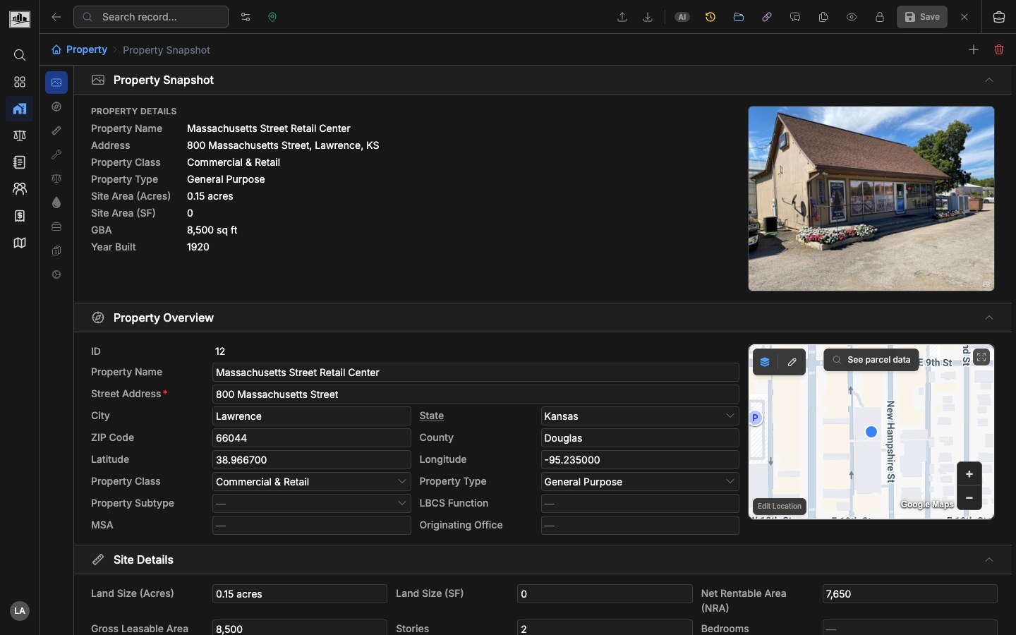 Property detail page showing property snapshot, address fields, classification, and map context