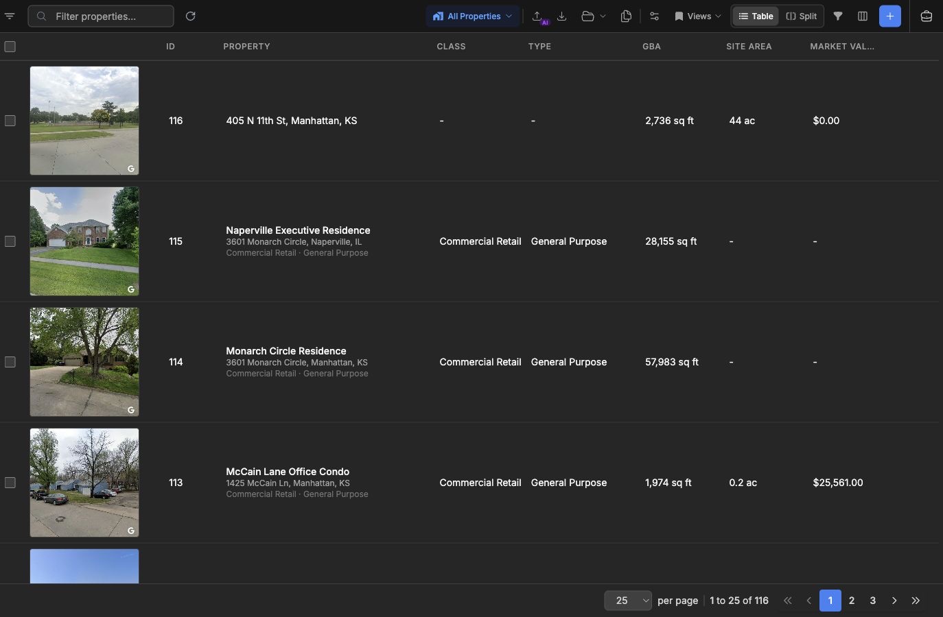 Property database with searchable appraisal records, table controls, and saved views
