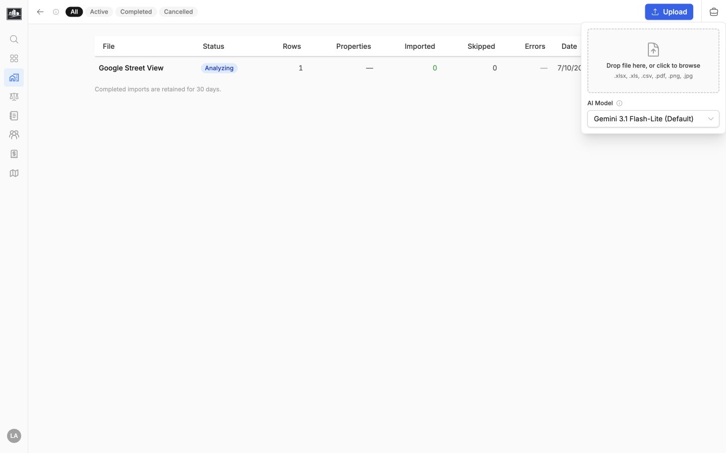 Property import sessions with the upload panel open and supported source types listed