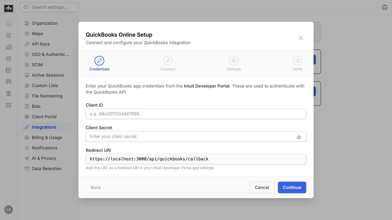 QuickBooks Online setup wizard at the credentials step