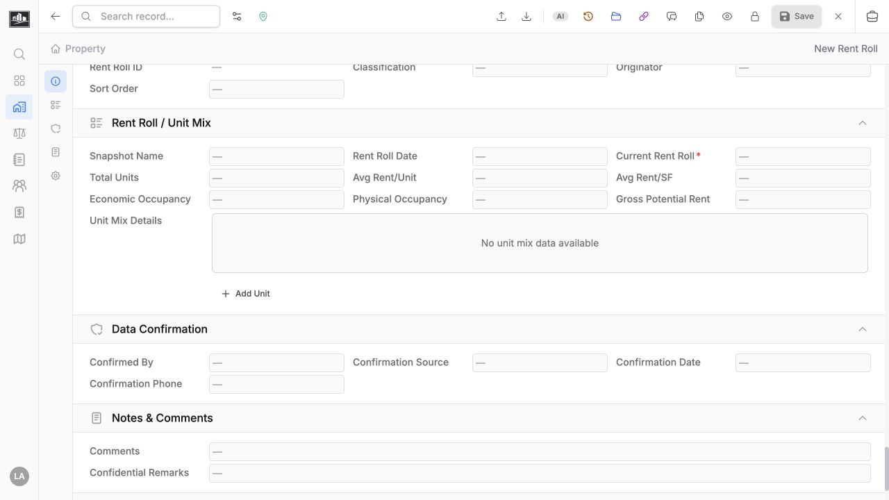 New Rent Roll form showing unit-mix, occupancy, rent, confirmation, and notes fields