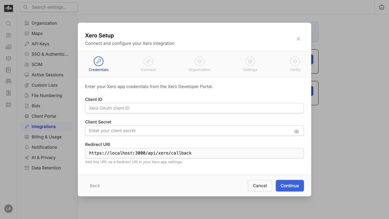 Xero setup wizard at the credentials step